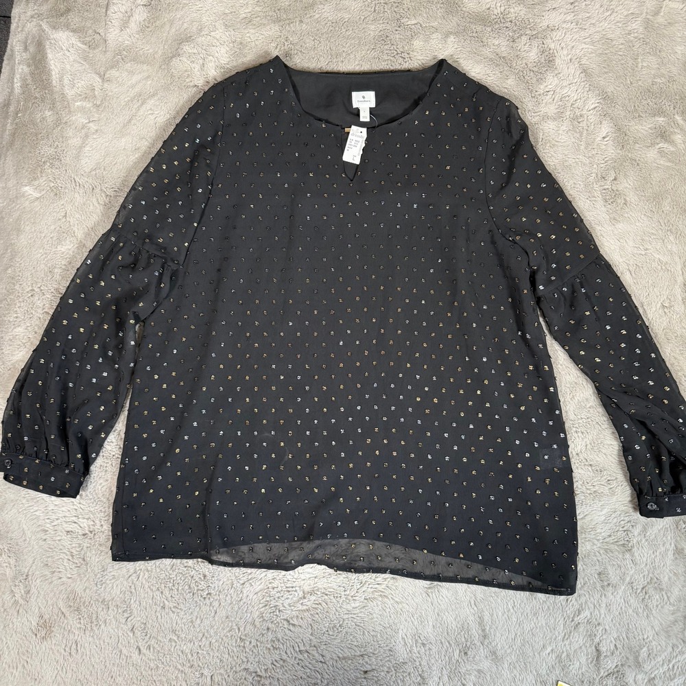 Dressbarn‎ Blouse Sheer Metallic Dot Long Sleeve Top Black Party L